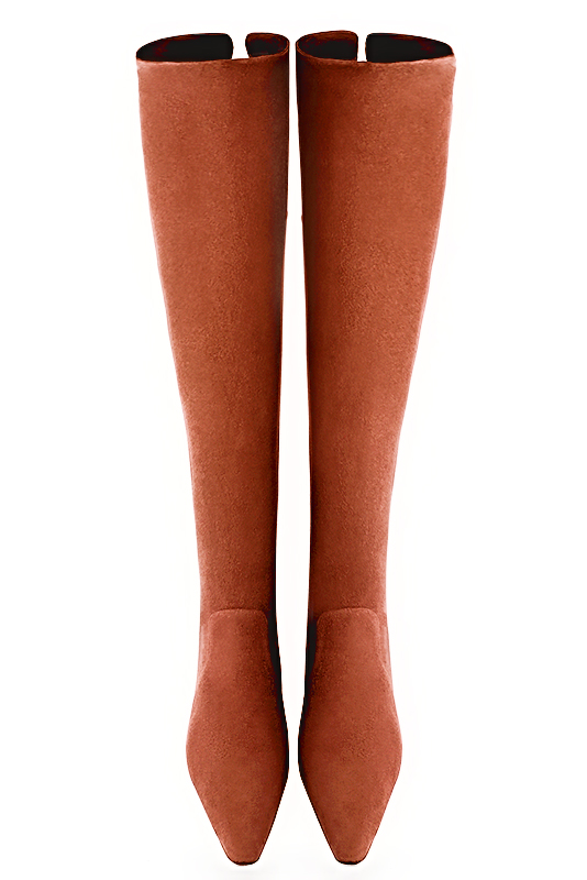 Terracotta orange women's leather thigh-high boots. Tapered toe. Low block heels. Made to measure. Top view - Florence KOOIJMAN